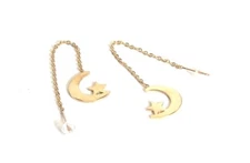 Gold PVD Threader Earrings Crescent Moon and Star Surgical Steel Hypoallergenic 