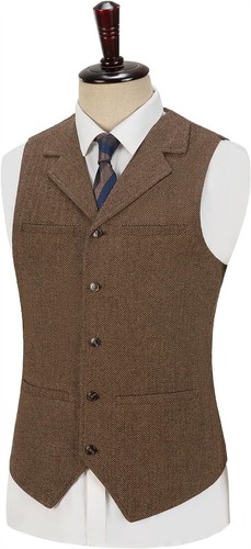 Mens Tweed Waistcoats Herringbone Vests Wedding Retro Casual Wool Business XS-3X - Picture 7 of 18