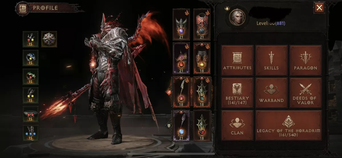 Diablo immortal For sale Blood knight 20.8K CR 3090 RES LVL 881