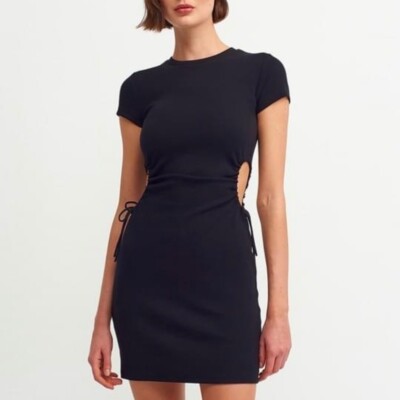 Princess Polly Black Side Cut Out Ribbed Bodycon mini Dress Size 4 Stretchy  | eBay