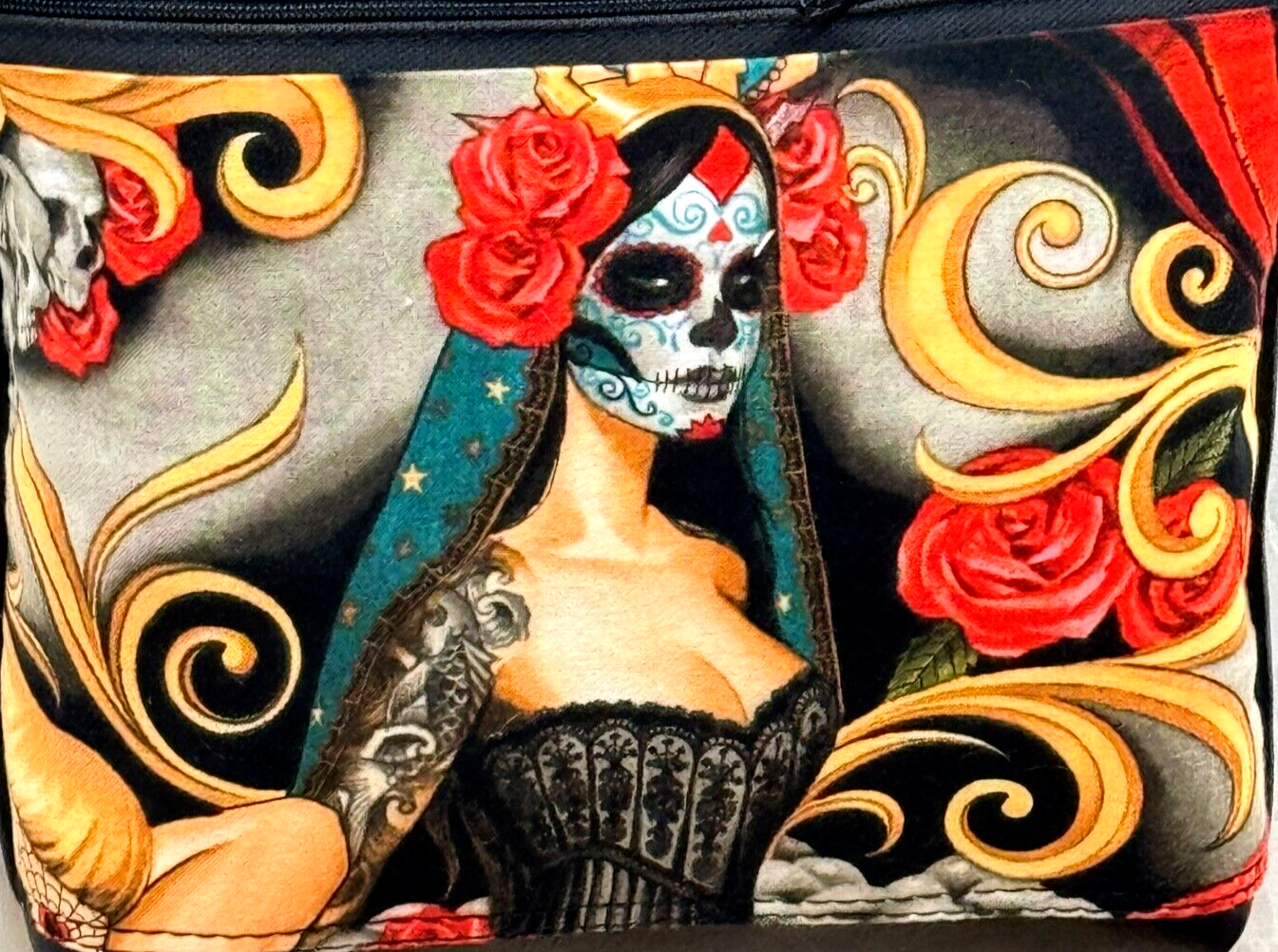Crossbody Purses Bag Tattoo Face Lady Fabric and Canvas Black Day of Dead Fun