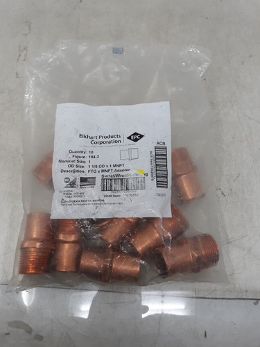 (10) Elkhart 104 Copper 1 โ Male Adapter Thread to Solder O.D Size 1 1/8โ Lot