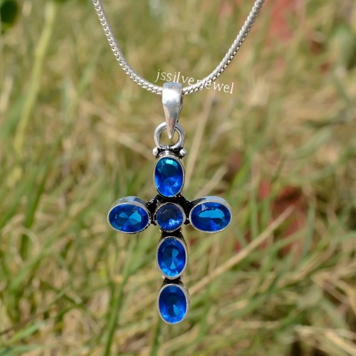 Pendentif Croix Argent 925 Topaze Bleue De Londres Et Citrine – Fait Main – Inde