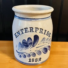 1990s Salt Glaze Crock Vase Gray Blue ENTERPRISE 1882 Pottery Hand Made Signed