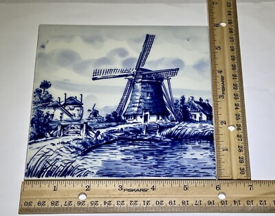 Delft Tile Holland Windmill Hanging Tile Trivet Royal Handpainted G in Wreath