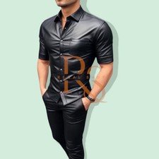 Men's Black Leather Shirt Button Closure Style Genuine Soft Lambskin Leather