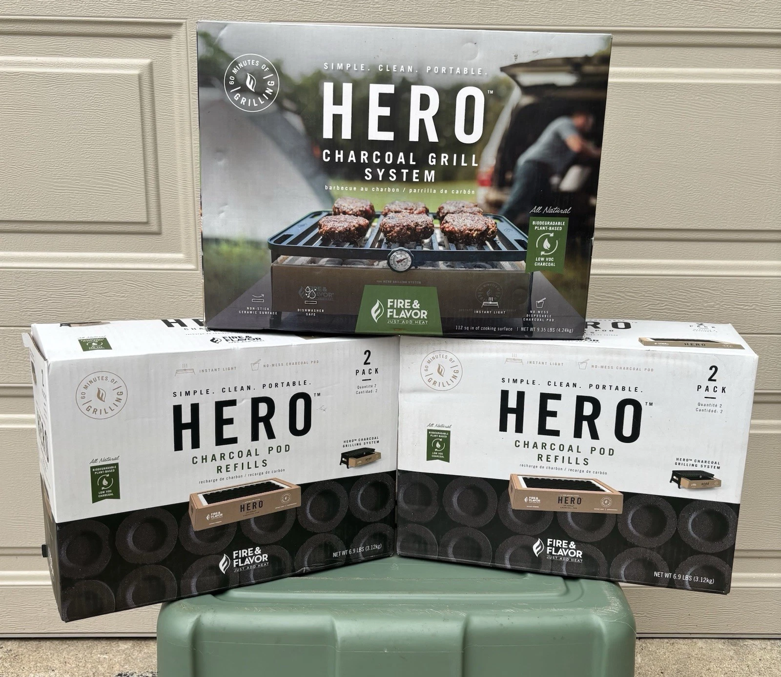 NEW Fire & Flavor HERO Portable Charcoal Grill System FFG3 W/ 2 NEW REFILL BOXES