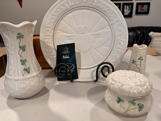 Belleek Shamrock China Set Plate Vase Trinket Box White/Green Ireland