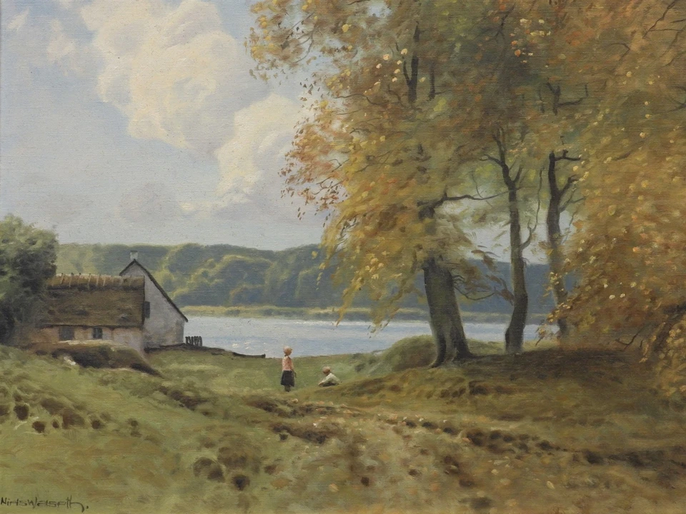 BELEZA! Pintura O/C artista dinamarquês Niels Walseth crianças em cena do lago - Imagem 3 de 4