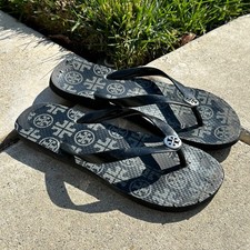 Tory Burch Black Monogram Logo Thong Sandals Flip Flops Women's Size 8