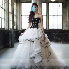 Classic White and Black Strapless Wedding Dress Ruffles Lace Appliques Gowns