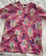 Disney Tinker Bell Scrub Top Small Pink Tinkerbell V Neck Top Pockets EUC