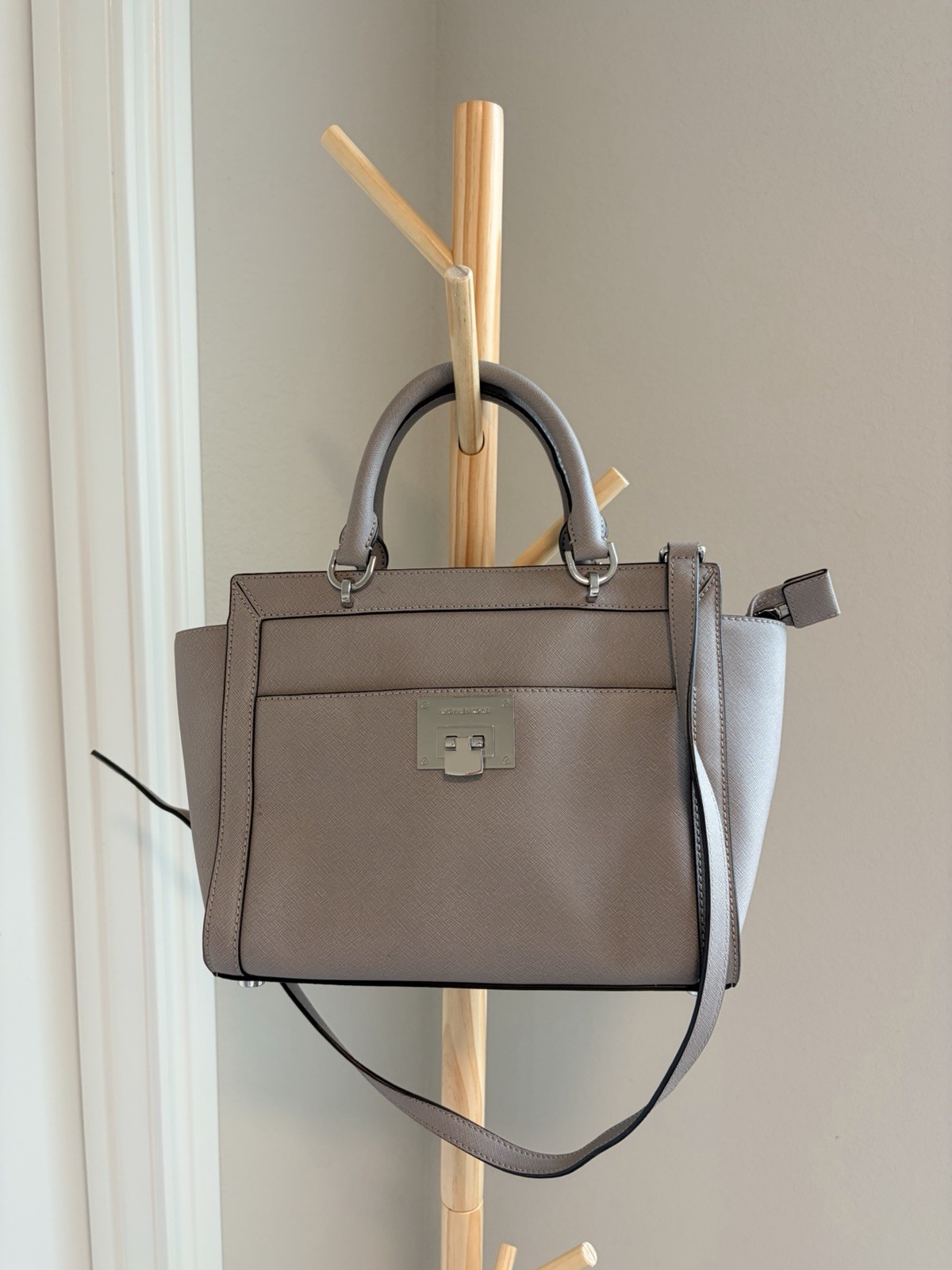 Michael Kors Gray Saffiano Satchel Top Handle Zip, Detachable Strap Silver