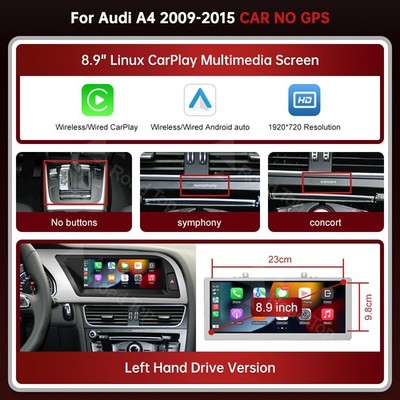 8.9'' Wireless Carplay Screen For Audi A4 2009-2015 MMI2G Radio Stereo Concert