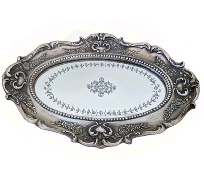 Verziertes ovales verspiegelt Tablett Silber Holz Vintage Stil Shabby Chic Deko