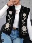 ZARA Embroiderd Gilet Waistcoat L Large Faux Fur Navy White Jacket