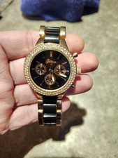 Geneva Crystal Women's Watch Round Black Dial on Rose Gold Black Linked Band