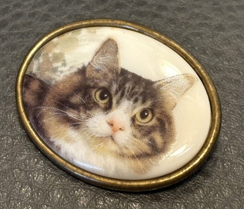 Vintage goldfarbene Porzellan Tabby Katze Kätzchen Kätzchen Haustier Anstecknadel Brosche Portrait - Bild 2 von 6