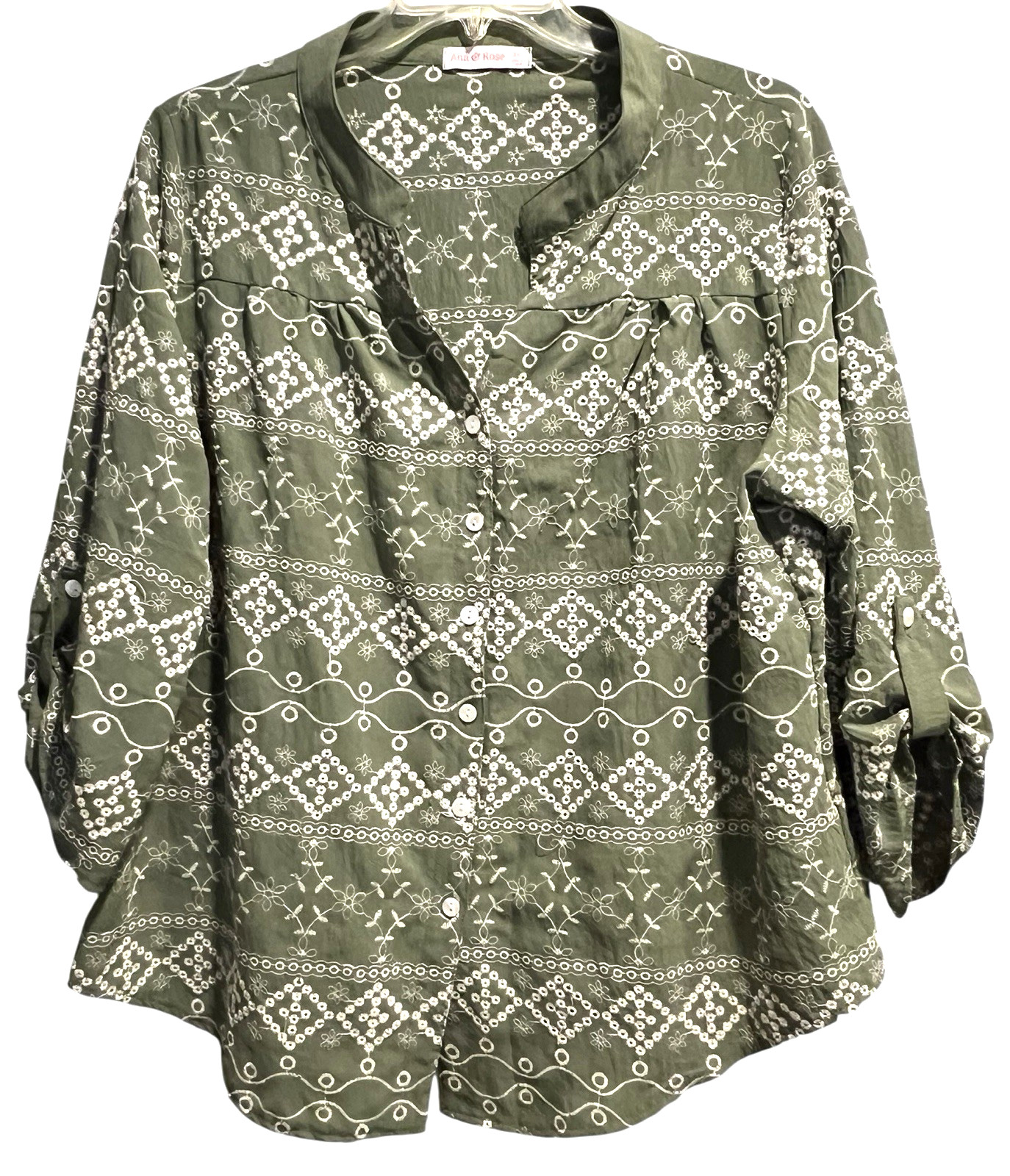 ANA & ROSE Boho Top Size 3X Green White Eyelet Spring Button Up Cottage Blouse