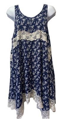 Women M Flying Tomato Romantic Lace Floral Flowy Tank Blue Floral Cottage Boho
