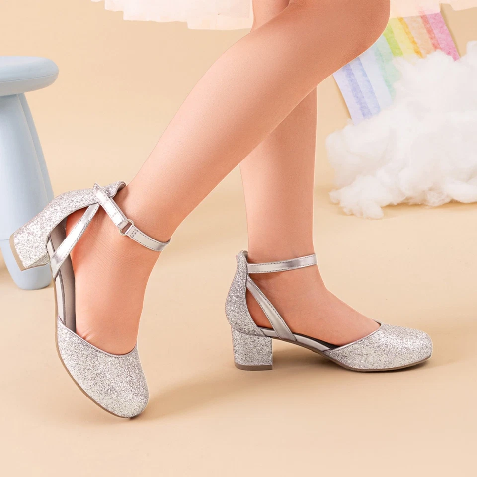 Niños Niñas Zapatos de Vestir Elegantes Tacones Bajos Bombas Boda Baile Fiesta Zapatos Foto 3 de 4