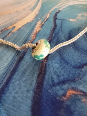 Sterling Silber 925 Murano Italy Glas Plättchen Perle weiß grün Glitzer