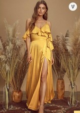 NWT Lulus Women's Moriah Mustard Yellow Gold Satin Wrap Maxi Dress New Size L
