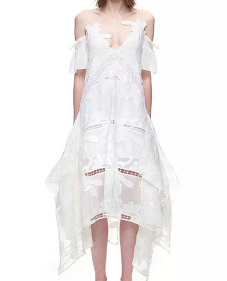 Self Portrait Sz 8 White Floral Embroidered Sheer Off Shoulder Midi Dress NWT