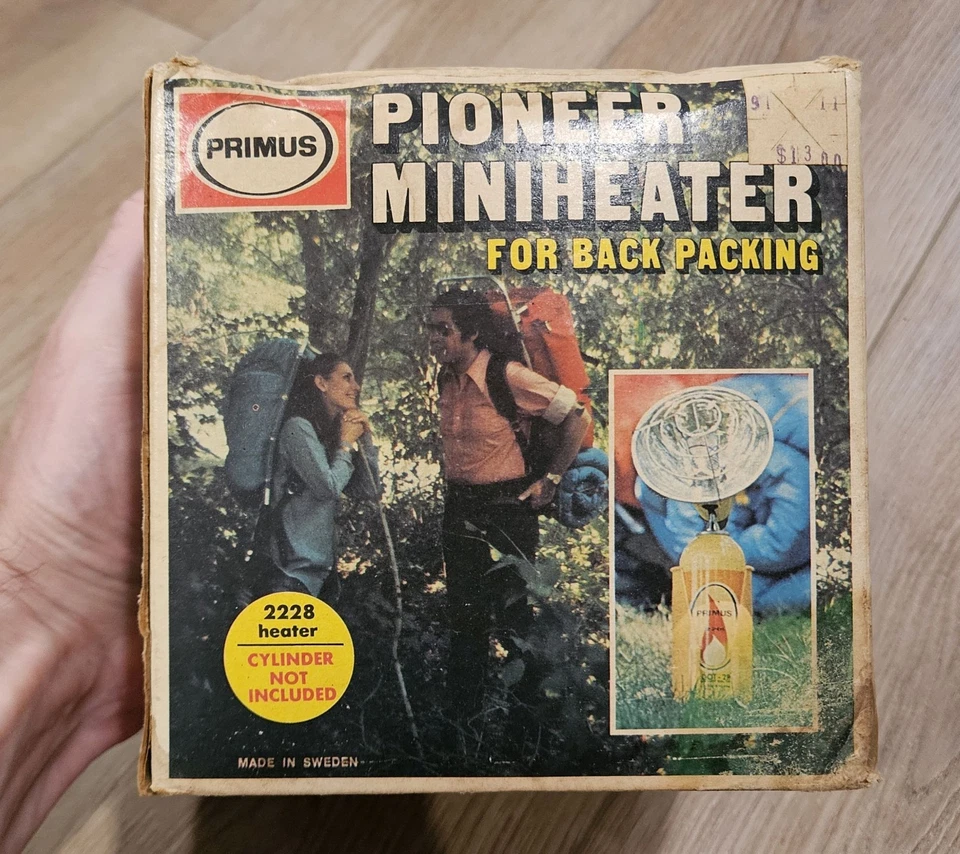 Mini calentador vintage Primus Pioneer mochilero camping Suecia SIN PROBAR en caja Foto 4 de 4