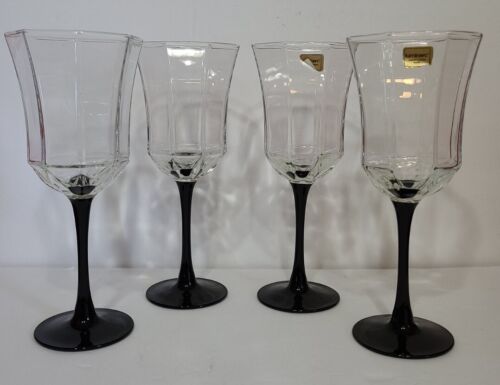VINTAGE Luminarc Wine Glass 10 oz. BLACK STEM OCTAGON 4-Piece Set FRANCE - Picture 2 of 4