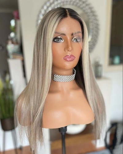 22In Ash Blond Highlight Prosta peruka 100% Peruki z ludzkich włosów dla kobiet Pełna koronka - Zdjęcie 2 z 5