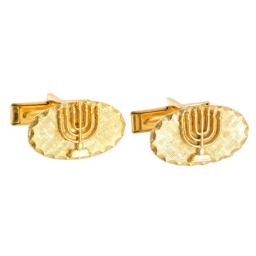 Vintage Gold Tone Jewish Menorah Hebrew Oval Cufflinks 7/8"