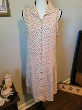 90s White w/ Tulip Print A-line Dress By Impressions, Sleeveless Button Up, Sz M