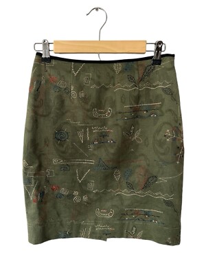 Meadow Rue Anthropologie Olive Green Embroidered Pencil Skirt