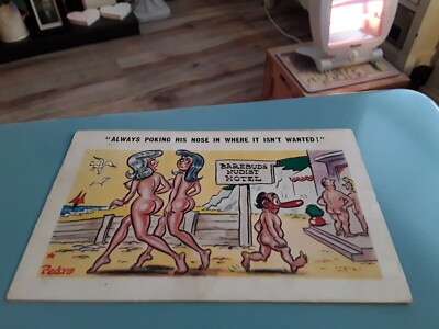 FRECHENDE COMIC-POSTKARTE FKK-HOTEL NACKTE DAMEN & MÄNNER BUMS & BRÜSTE AM STRAND 