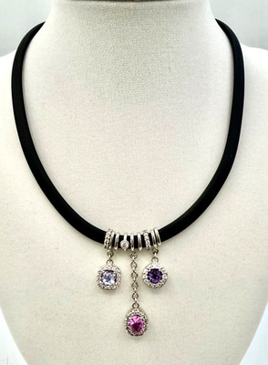 Belle Etoile Petite E'toile Necklace Sterling Silver Blk Rubber Dangle Gemstones