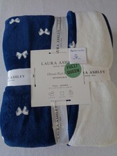 Laura Ashley plush BLANKET QUEEN 90" x 90" WINDSOR BOWS Reversible NAVY/CREAM