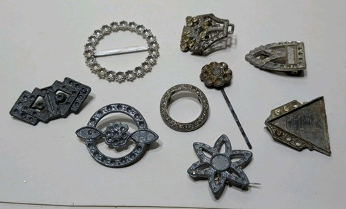 ✨ANTIQUE✨ Lot of 9 Brooches, Pins, Belt Buckles - Pot Metal, Rhinestones & More
