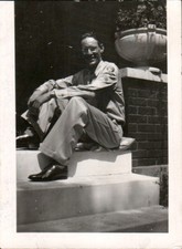 Vintage WWII Black White Photo of US Soldier Sitting on Steps