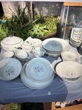 Vintage Floral China Dinnerware Set   Pink  Gray Leaf Pattern   40 Pc Set