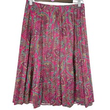 Vintage Paisley Pleated Midi Skirt Pink Teal Jewel Tone Elastic Waist Boho