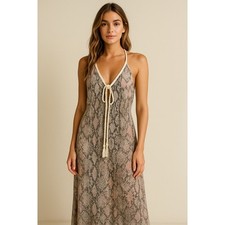 Lovestitch Boho Maxi Dress Small Snake Print Braided Strap Tie Back Rayon Flowy