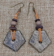 Handmade Wooden Beaded Stone Dangle Hook Earrings Natural Boho Earthtones 3  