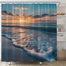 Beach Shower Curtain Ocean Beach Sunset Scenery 70"W x 70"L Pack of 1 Blue