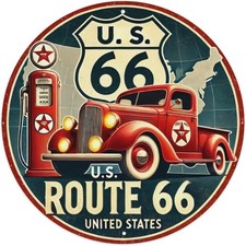 Route 66 Vintage Round Man Cave Garage Tin Metal Signs Home Décor 8x8