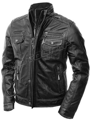 Men s Distressed Black Leather Motorcycle Jacket: Six Pockets Vintage Style Café