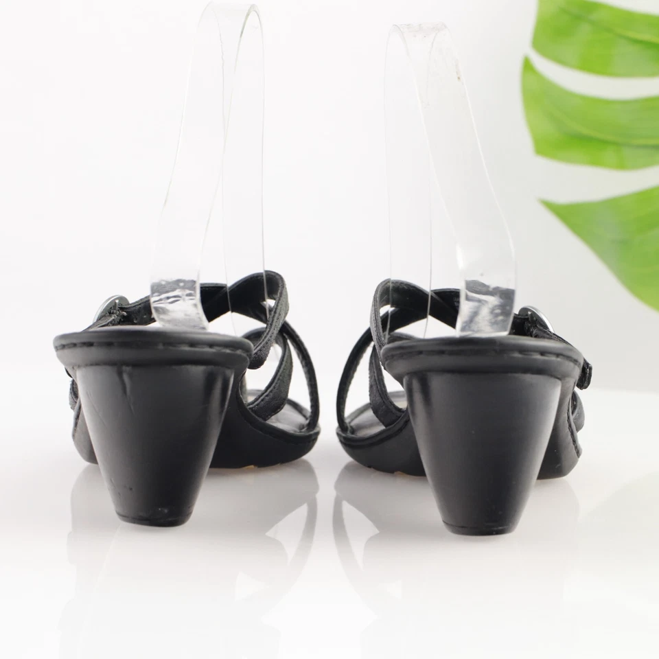 Sandalia Funi Born para mujer talla 8 cuero negro tanga con tiras cono tacón mula deslizable Foto 4 de 4