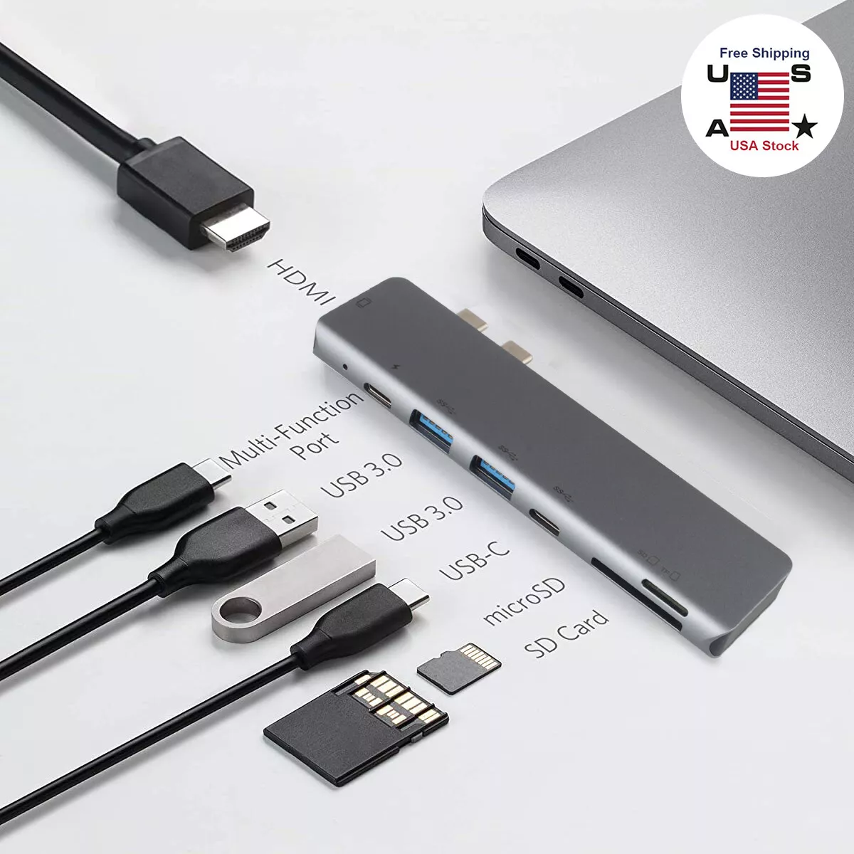 Dual USB-C Hub 7in1 USB 3.1 Adapter Dock SD Card Reader 4K HDMI