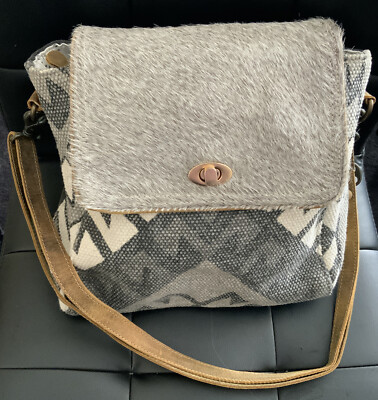 Myra Gray White Black Ethnic Print Calf Hair Backpack Handbag