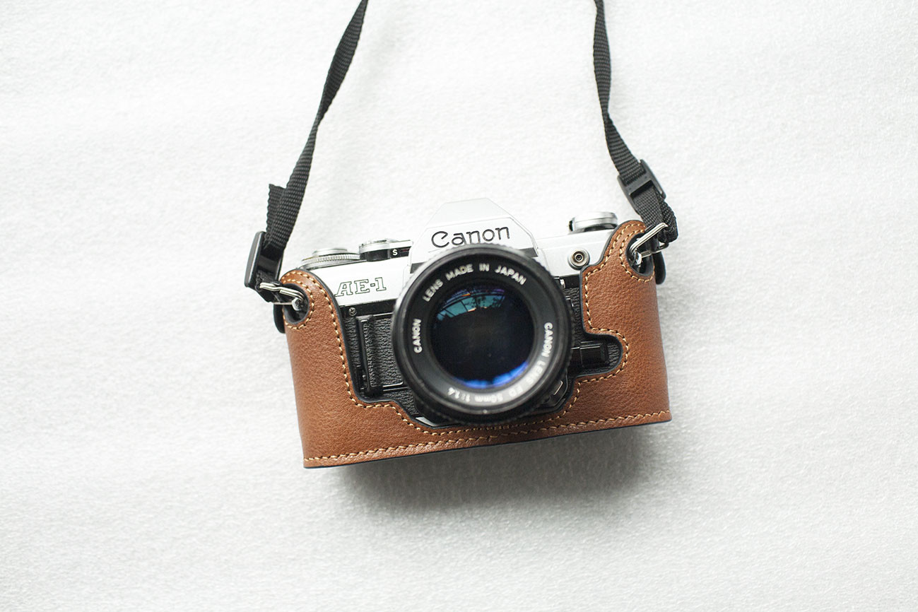 Genuine Real Leather Half Camera Case Bag Cover for Canon AE-1 Yellow Brown